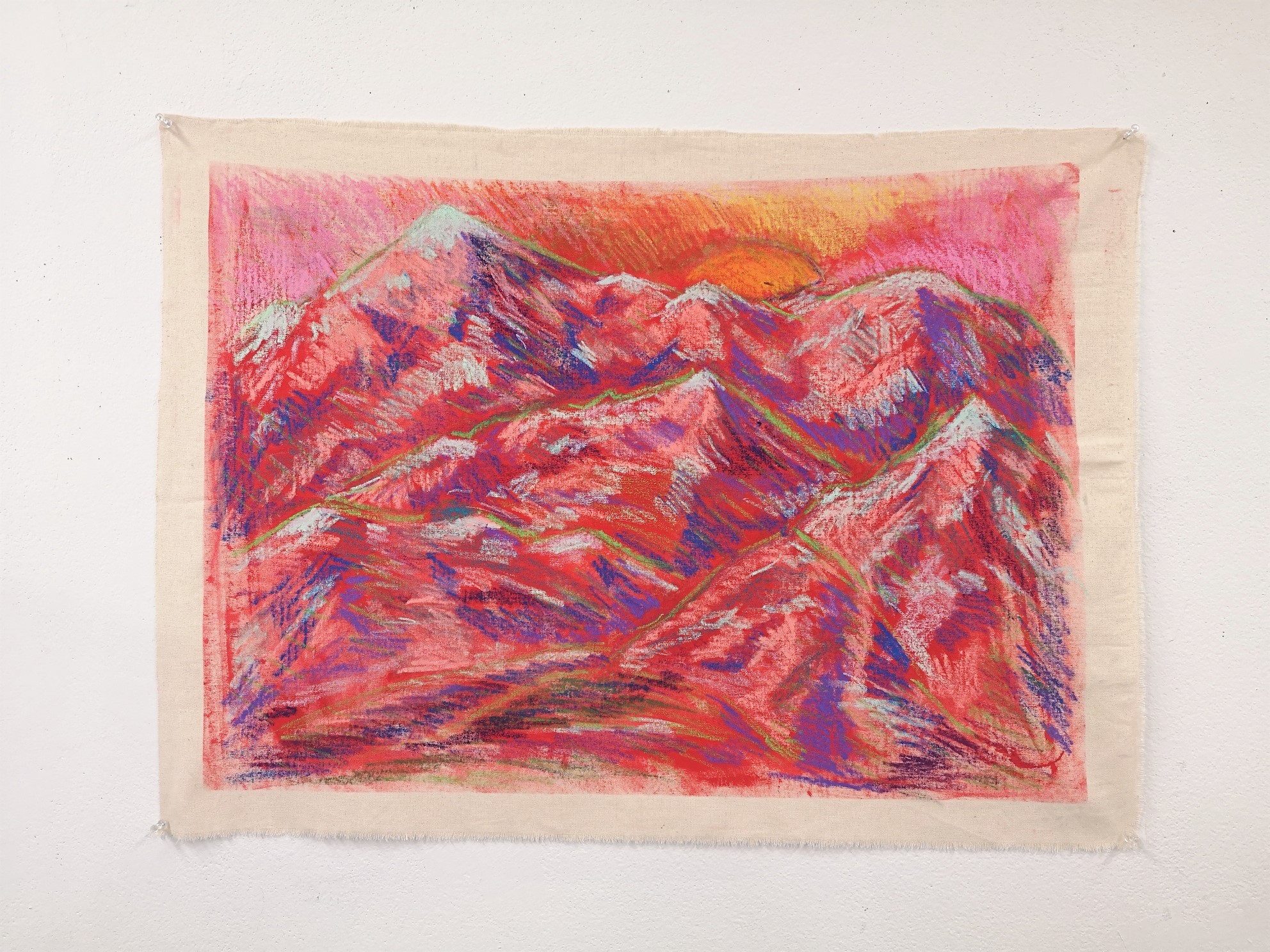 Painting of a mountain range, done in red with blue shading.